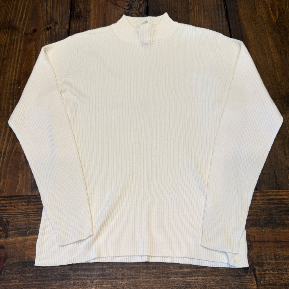 Yarnworks Womens XL Tall Cream White Ribbed Mock Neck Sweater Long Sleeve Cotton